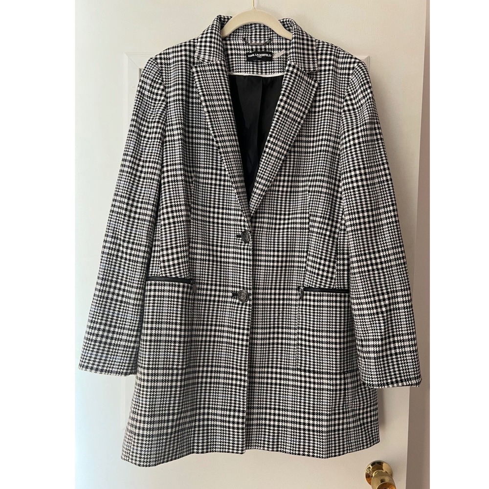 Karl Lagerfeld Paris Houndstooth Longline Blazer Jacket Black White Zipper Cuffs